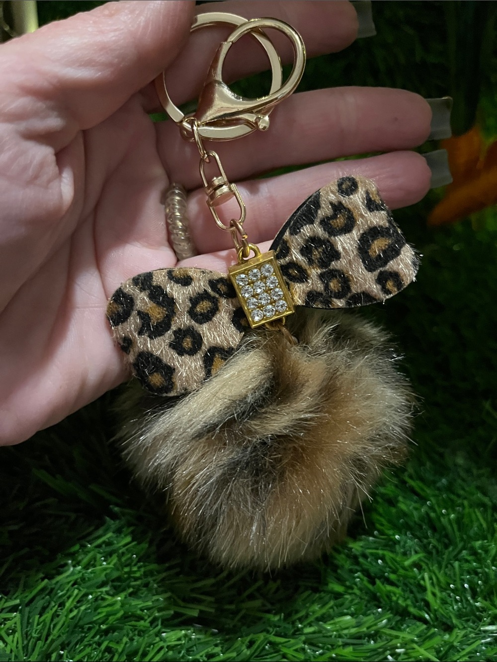 Leopard Bow Faux Fur Pom Keychain - Gold Hardware